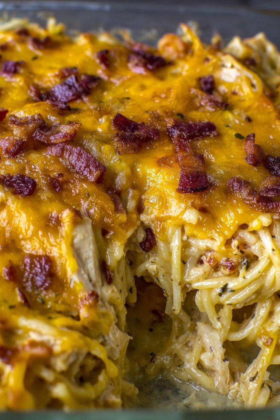 Cheesy Crack Chicken Spaghetti Bake final result
