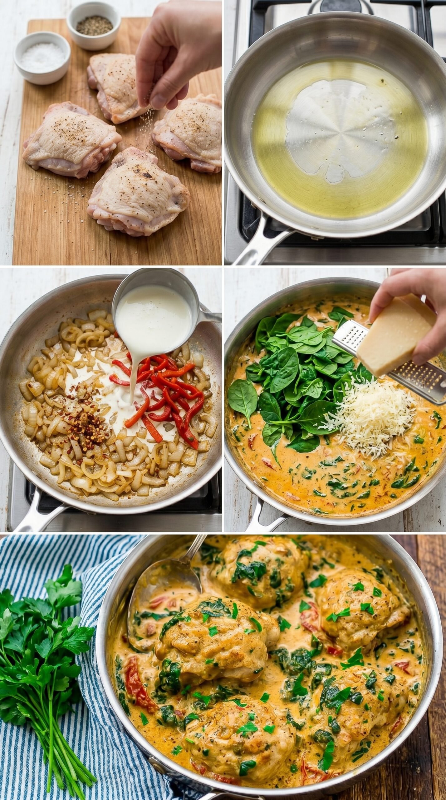 Creamy Chicken Thighs with Spinach Parmesan Sauce recipe instructions