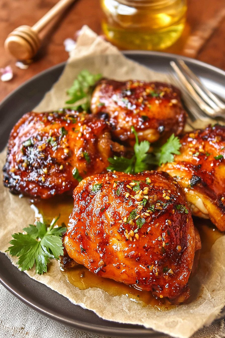 Hot Honey Chicken Thighs with Crispy Skin and Sticky Butter Glaze final result