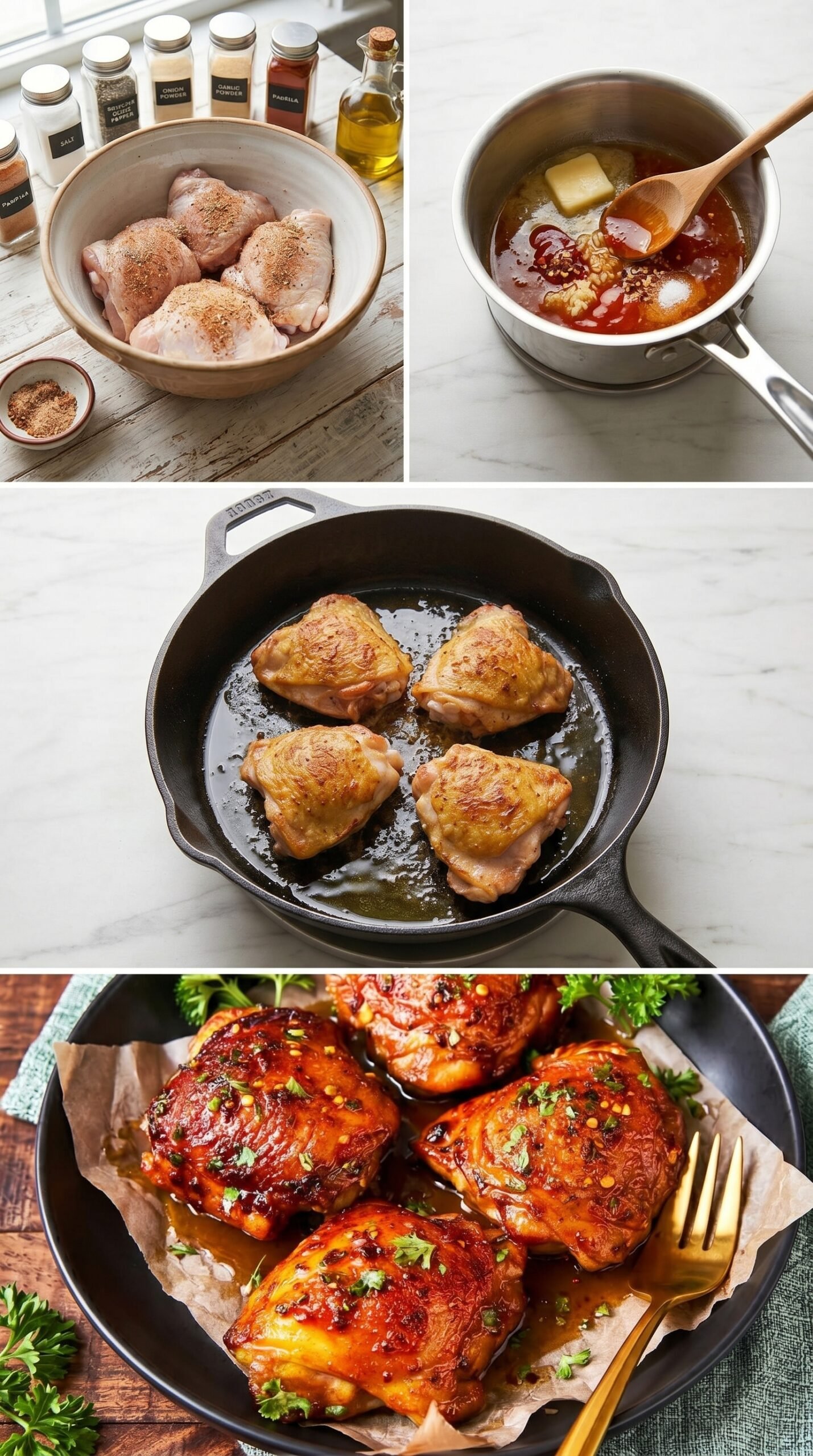 Hot Honey Chicken Thighs with Crispy Skin and Sticky Butter Glaze recipe instructions